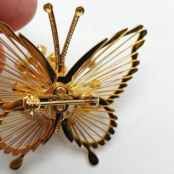 Gold Tone Butterfly Brooch With Faux Pearl Accents By Monet - Picture 4 of 5